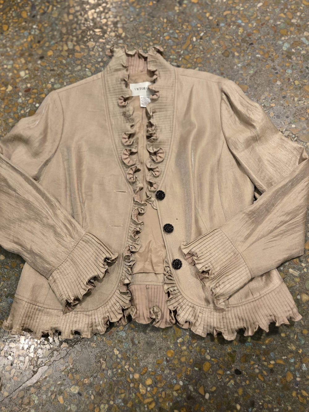 Victor Costa Light Beige Ruffle-Trim Blazer